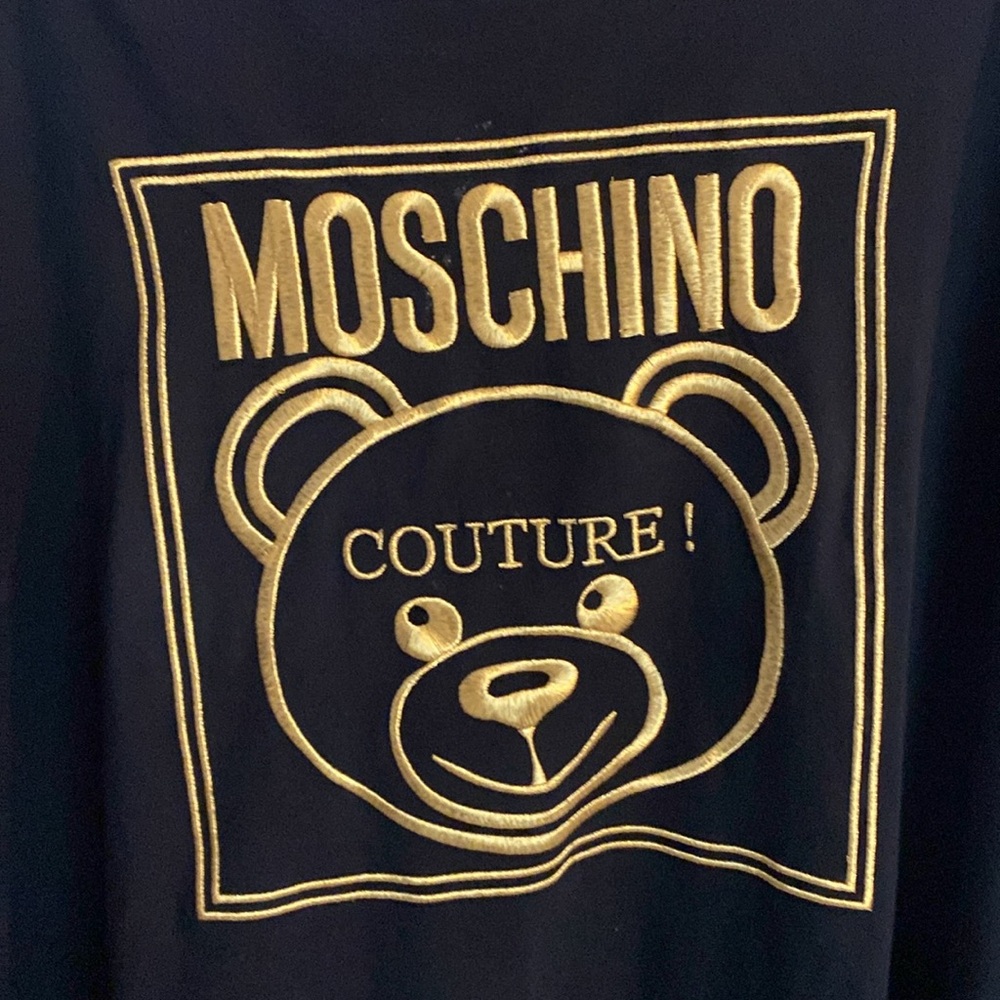 Moschino couture mini tee shirt dress with gold embroidered bear logo.